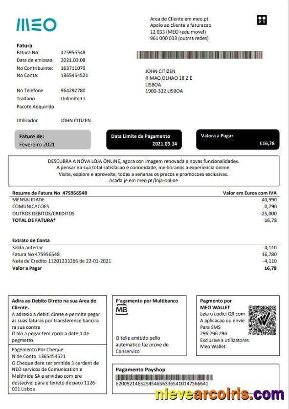 Portugal MEO utility bill